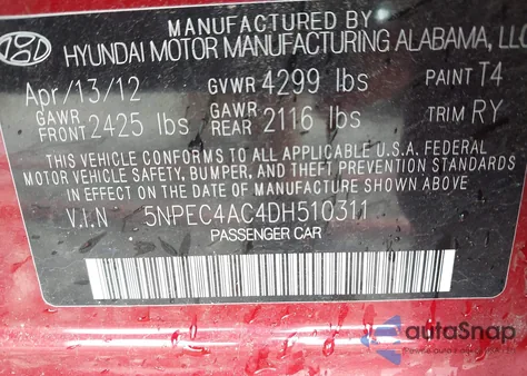 2013 Hyundai Sonata Se from USA, damaged, VIN 5NPEC4AC4DH510311